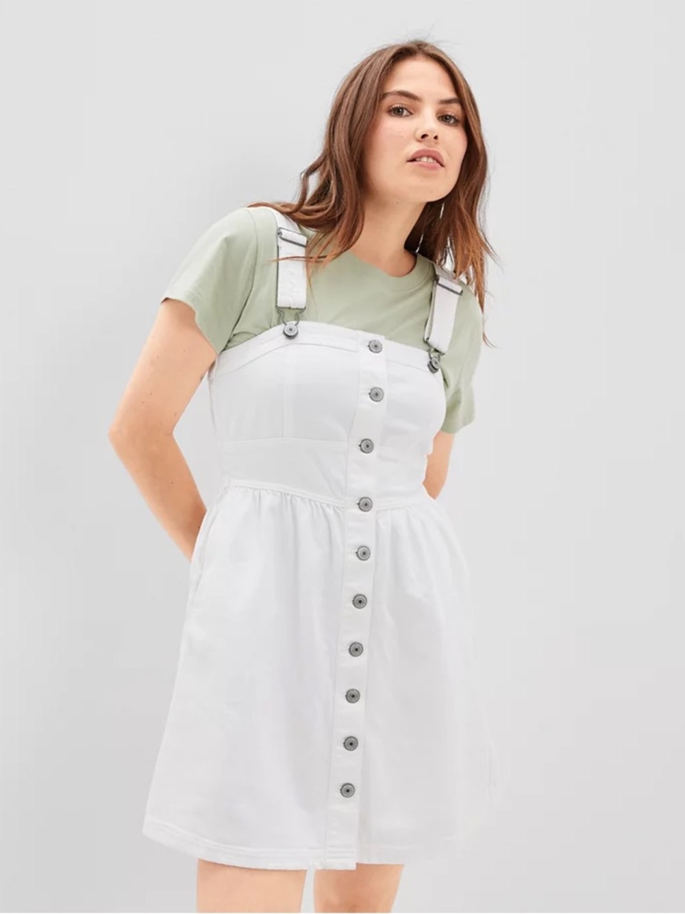 American Eagle White Denim Overalls Button Front Dress